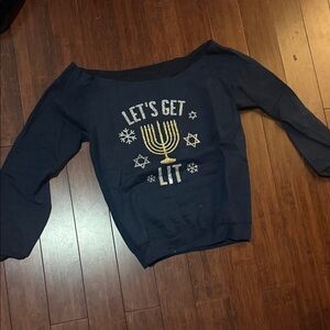 Navy Off-the-Shoulder Holiday Sweater with Gold + Silver Sparkly Design